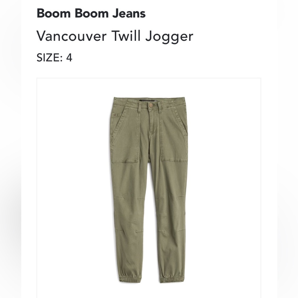 One 5 One twill jogger in army green. Size 4/27.
